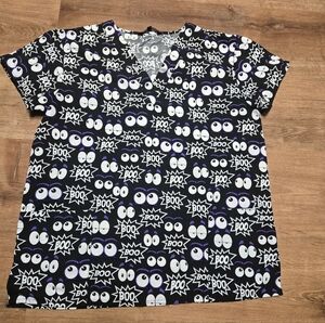Black White Boo Spooky Eyes Halloween Print Women's Large Scrub Top Cassanda O